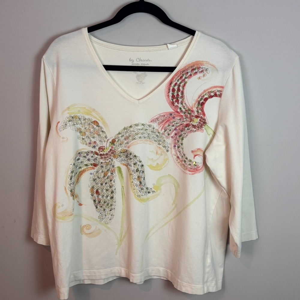 Chico's Y2K Womens Beige Floral Beaded 3/4 Sleeve Cotton Top Size 3 (XL) Stretch